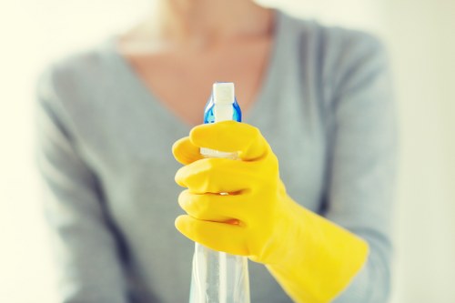 Cleaner reviewing chemical labels before use in a safe environment