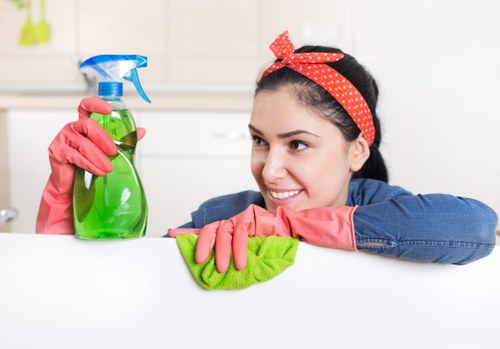 Organised cleaning equipment stored neatly to support safe housekeeping